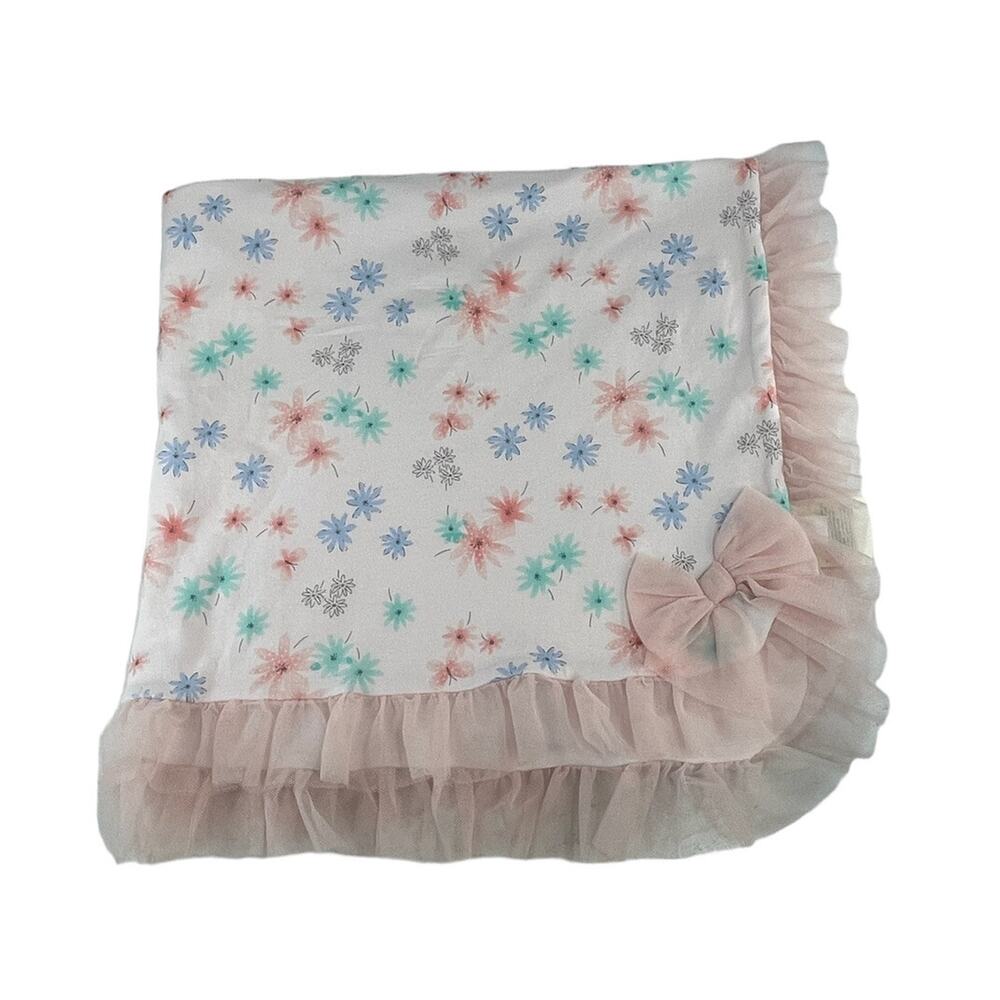 First Impressions Baby Blanket White With Pink Lace Trim And Bow Floral